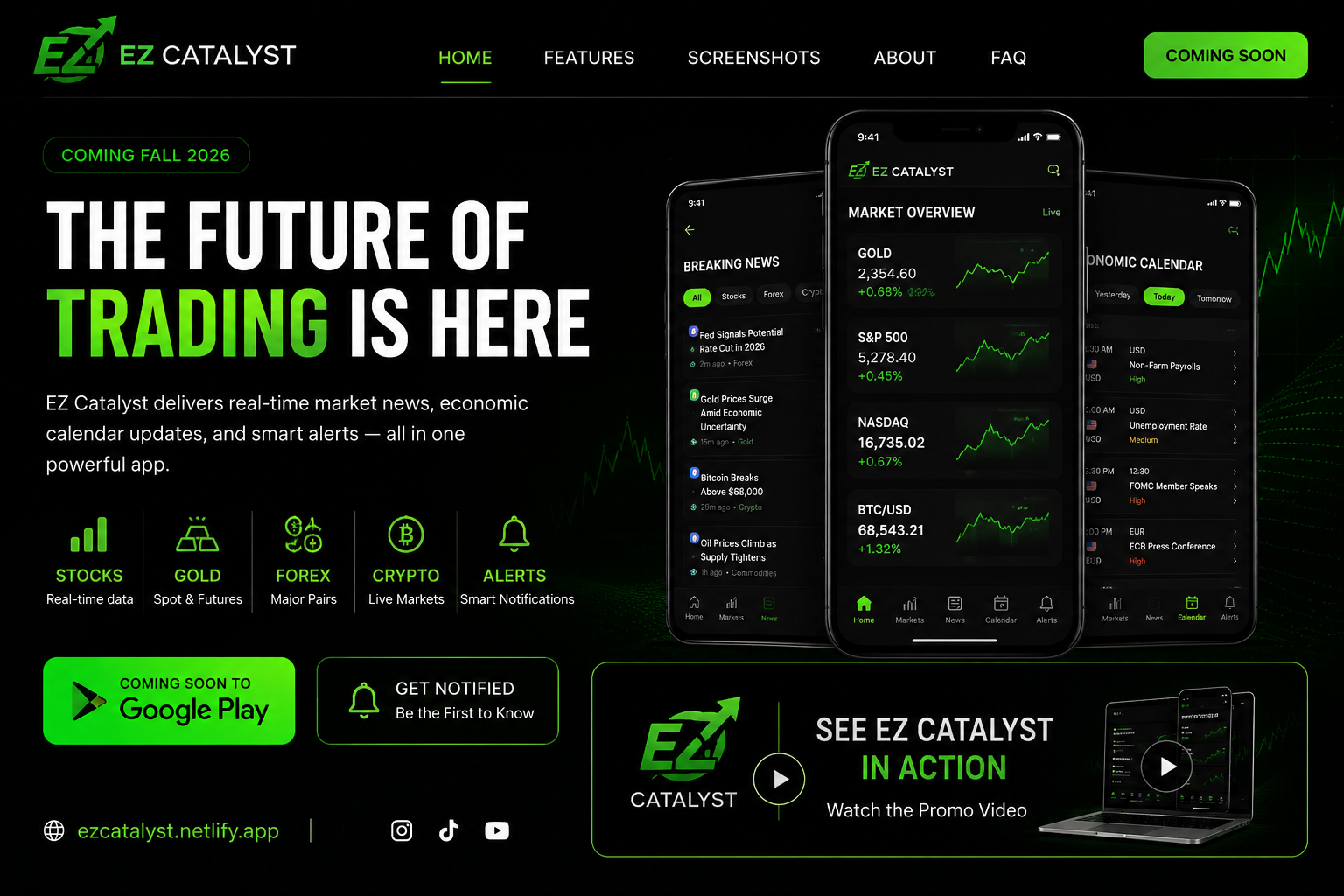 EZ Catalyst black and green trading app with stocks, gold, forex and crypto
